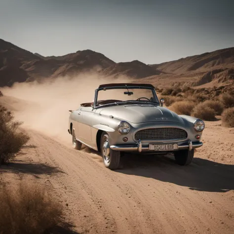 a grey car driving down a dirt road in the desert