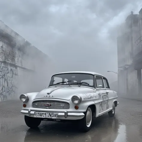 arafed old car in a foggy street with a building in the background