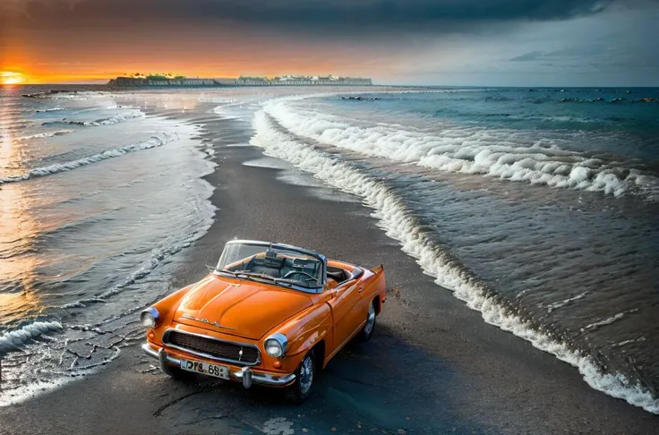 an orange car is parked on the beach near the ocean