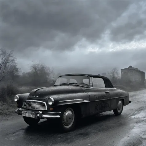 an old car is parked on a dirt road in the fog