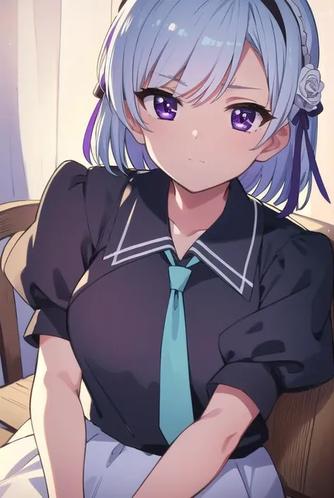 henriettemystere, <lyco:henriettemystere-lyco-nochekaiser:1>,
henriette mystere, short hair, blue hair, (purple eyes:1.1),
BREAK dress, flower, hairband, necktie, black dress, school uniform, collar, juliet sleeves, long slleeves, frills, white skirt,
BREA...