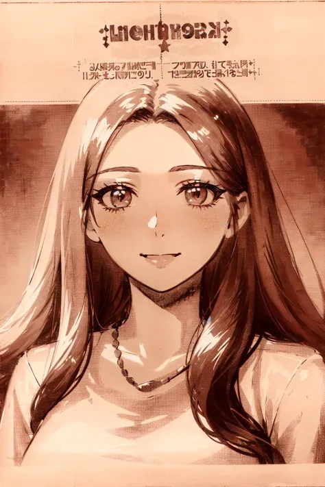 anime girl with long hair and a necklace in front of a poster