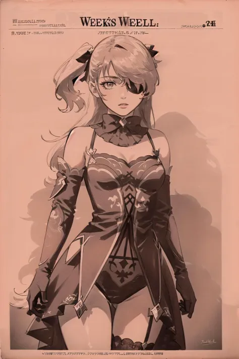 a drawing of a woman in a corset outfit with a sword