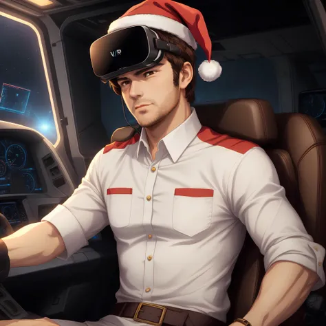 anime, cinematic, <lora:more_details:0.5>, <lora:gundam personnel:0.4>, middle aged man, short brown hair, stubble, engineer, white shirt, rolled up sleeves, wearing vr headset, cockpit view, santa hat