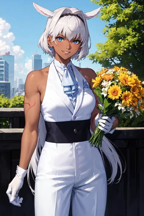 anime character with white hair and blue eyes holding flowers