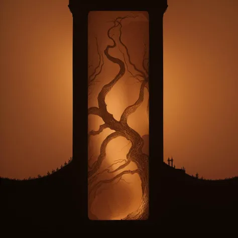 Masterpiece illustration painting of an old castle tower with a single illuminated window with a twisted leafless tree in front of it at night time, fantasy art in the style of elden ring