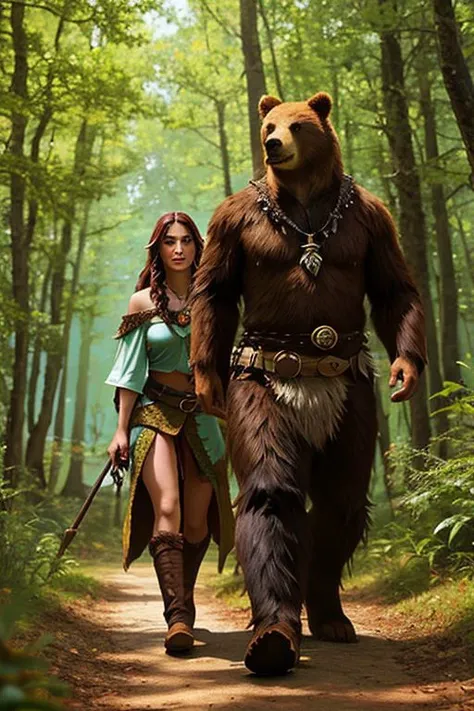 a human druid in the style of dnd , a druid walks next to a bear in the forest,