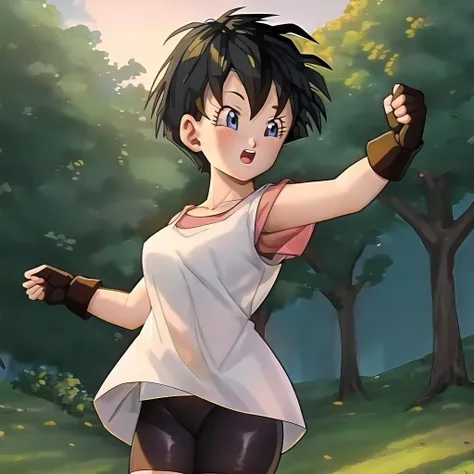 Videl, 1girl, best quality, forest, dynamic lighting, biker shorts