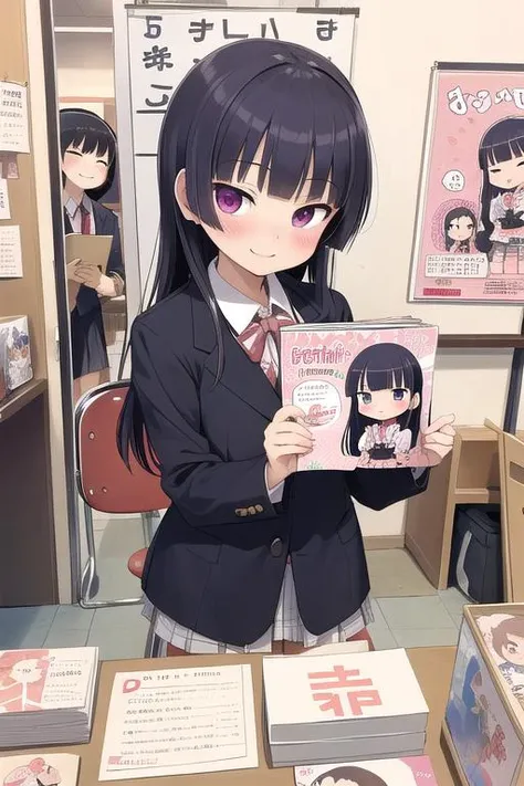 masterpiece,ultra detail,best quality,1girl,blush,shy,smile,CircleSetting, <lora:CircleSetting:0.7>,note,doujinshi,doll,signboard,poster,table,chair gokou ruri,figure,text,speech bubble