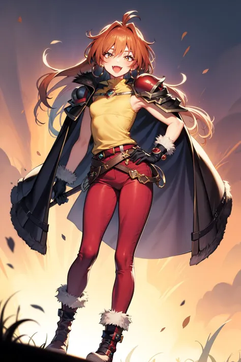 a woman in red pants and a cape stands on a rock