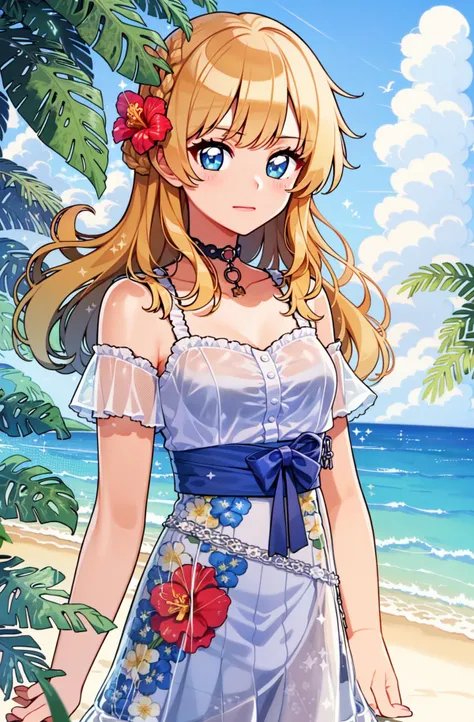 masterpiece, best quality, 1girl, solo, upper body, water, tropical, standing, modern clothes, blonde hair, blue eyes, hibiscus