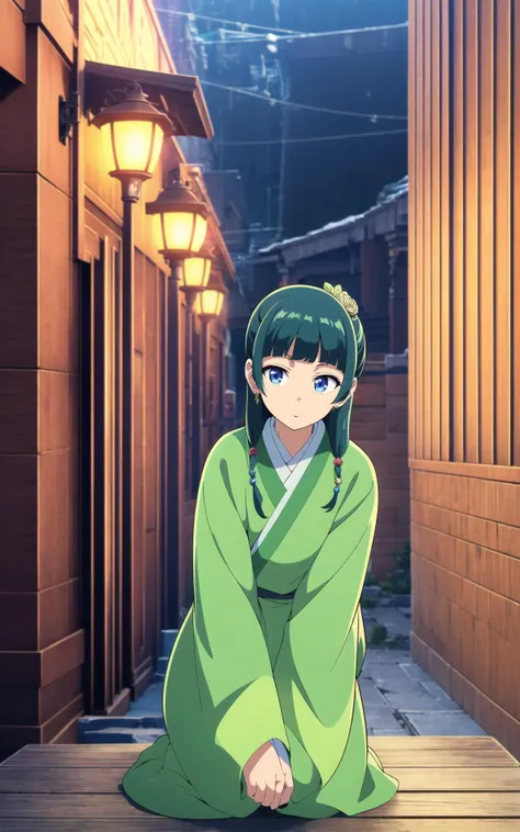 a woman in a green kimono sitting on a wooden platform