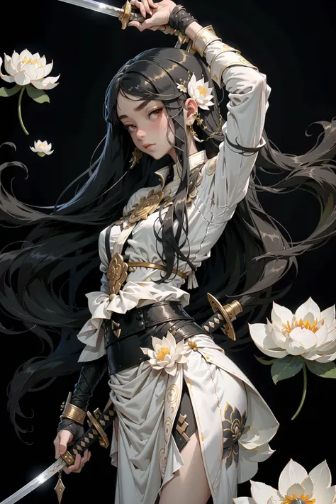 sword, weapon, flower, katana, white_flower, earrings, long_hair, jewelry, black_hair, holding_sword, solo, holding, black_background, 1girl, lotus, holding_weapon <lora:OC illustration:0.6>