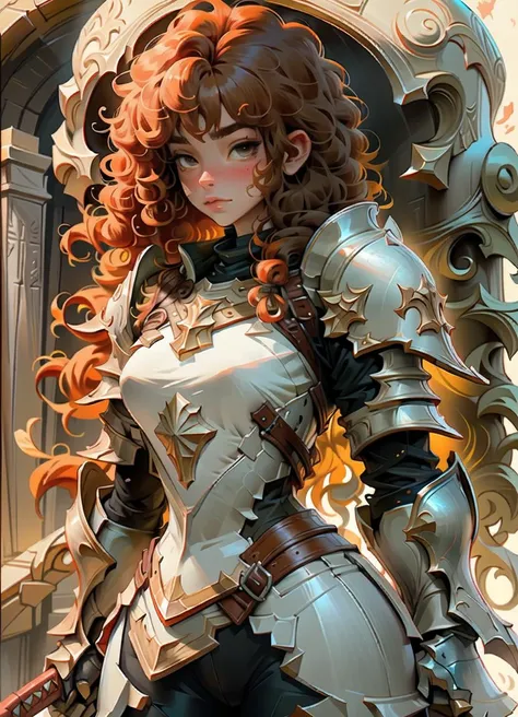 armor, wavy_hair, curly_hair, orange_hair, long_hair, 1girl, solo, helmet, lustrous skin <lora:ocIllustration_v10:1> <lora:samdoesartsSamYang_offsetRightFilesize:0.5>