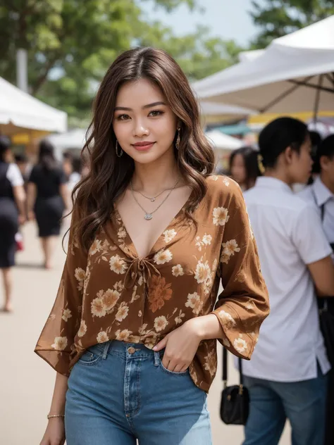 Amidst the lively market in Thailand, a striking young woman age 18yo graced the scene in contemporary fashion, seamlessly blending tradition with modernity. Dressed in a (stylish fusion:1.2) of Thai and Western influences, she wore a (vibrant:1.4), floral...