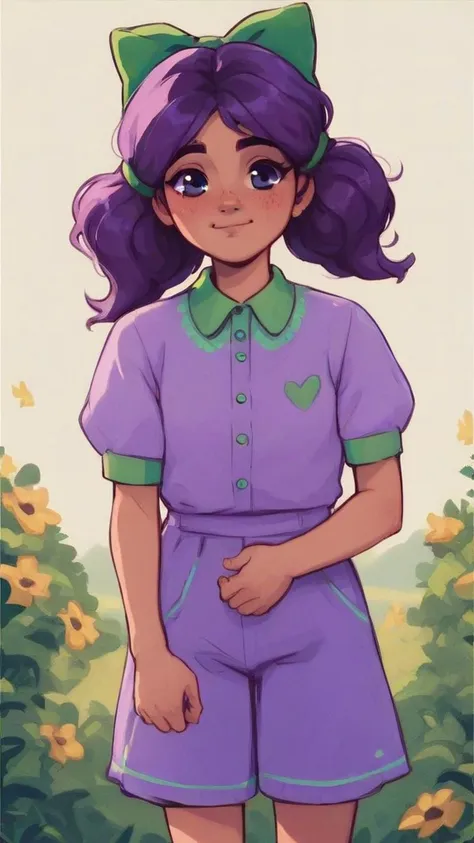 a drawing of a girl in purple and green dress standing in a field