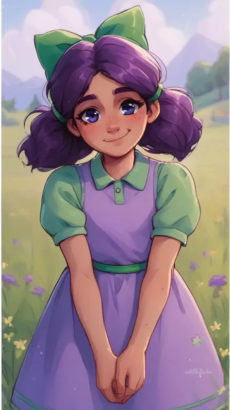 a drawing of a girl in a purple dress standing in a field