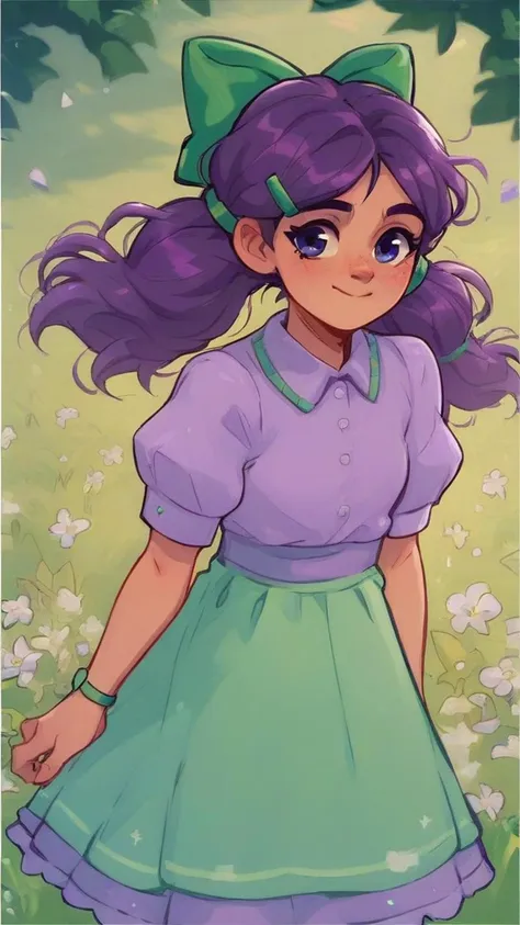 a cartoon girl with purple hair and a green bow in a field