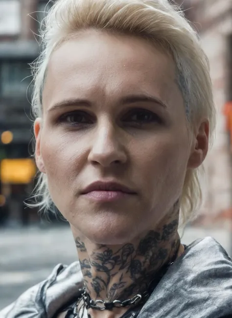 a close up of a woman with a tattoo on her neck