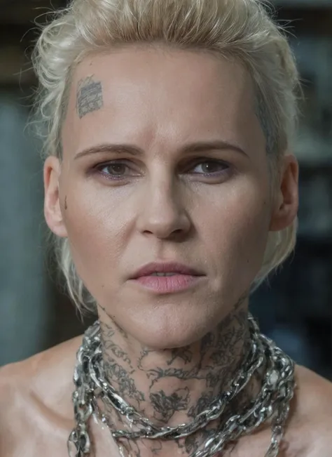 a woman with tattoos on her chest and neck looks at the camera