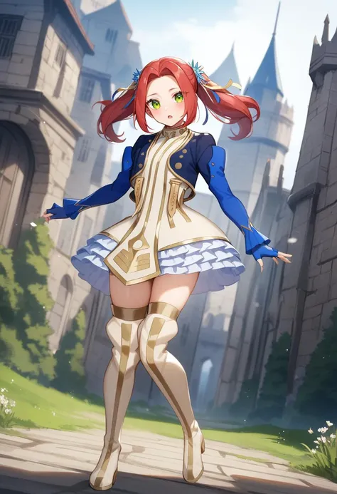 a woman in a dress and boots is standing in front of a castle