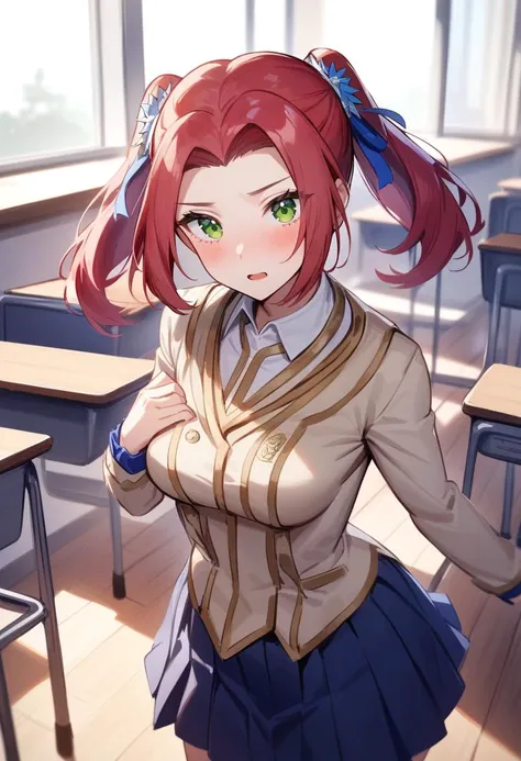 anime girl in school uniform standing in front of desks