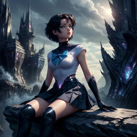 <lora:DraconicTech-15:0.7> draconictech, scifi,obsidian , __ ,<lora:add_detail:0.5>
1girl, sitting on the cliff , <lora:EPsmSailorMercury:0.8> EPsmSailorMercury,  short hair, blue hair, blue eyes, skirt, gloves,  , magical sailor  girl,