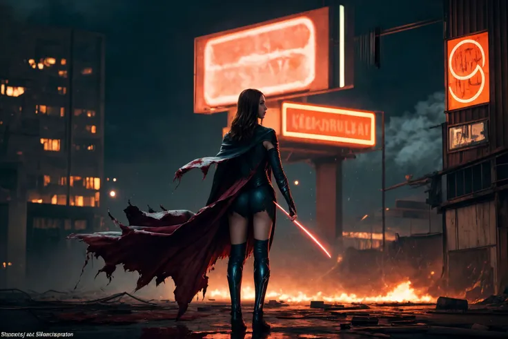 realistic, high quality, absurdres, 1girl, focus, solo, female superhero, sky, black cape, armor, cloud, outdoors, short hair, manly, (torn clothes:1.3), ((blood on clothes)), (frustrated:1.2), clenched teeth, furrowed brow, glowing eyes, smoke, spaceship,...