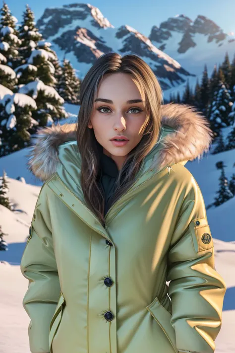 a beautiful S012_GloriaSol, wearing a (parkas:1.2), in snowy mountains, (8k, RAW photo, 50mm, DOF, best quality, ultra high res, photorealistic, masterpiece, ultra-detailed), Unreal Engine