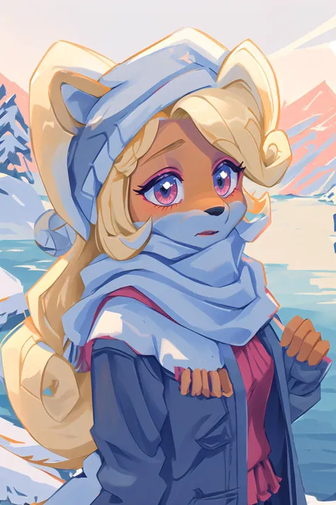 ((coco)), furry, female, blonde hair, masterpiece, beautiful, wearing a winter coat and scarf, outdoor, winter time in a mountain range, snow everywhere, frozen lake, close up, portrait shot