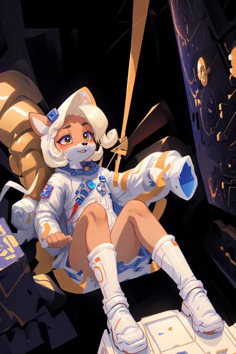 ((coco)), furry, female, blonde hair, space suit, astronaut suit, masterpiece, beautiful, floating in space, space ship in background, milky way