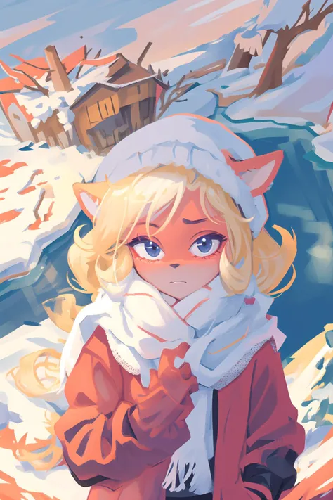 ((coco)), furry, female, blonde hair, masterpiece, beautiful, wearing a winter coat and scarf, outdoor, winter time in a mountain range, snow everywhere, frozen lake, close up, portrait shot