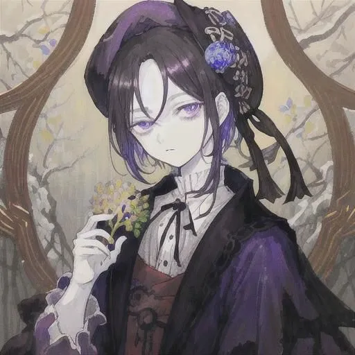 a painting of a boy with a flower in his hand, an ultrafine detailed painting, by Nakahara NantenbM, featured on pixiv, gothic art, eating rotting fruit, face and skin is dark red, violet cockroach, levi ackerman, uwu hi-fructose, cai xukun, grapes, black...