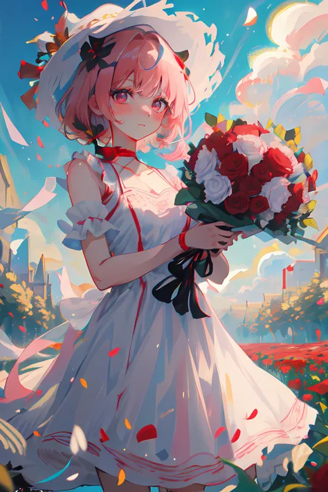 (masterpiece, best quality), 1girl, flower, solo, dress, holding, sky, cloud, hat, outdoors, bangs, bouquet, rose, expressionless, blush, pink hair, flower field, red flower, pink eyes, white dress, looking at viewer, midium hair, holding flower, small bre...