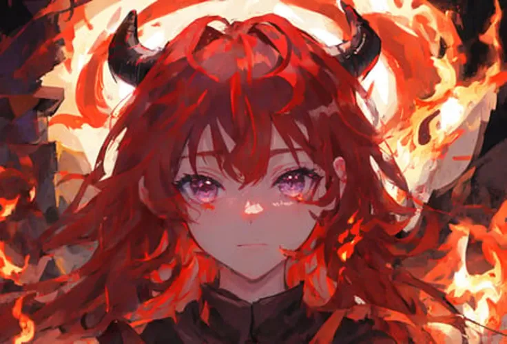 anime girl with red hair and horns in flames