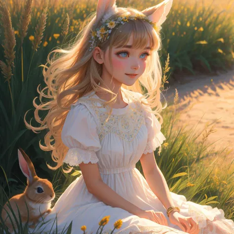 ((masterpiece,best quality)),,( (HD picture)),1girl, solo,((beatiful clear detailed face)),((beatiful detailed eyes)),(beautiful detailed eyelash),animal ears, rabbit, barefoot, knees up, dress, sitting, rabbit ears, short sleeves, looking at viewer, grass...