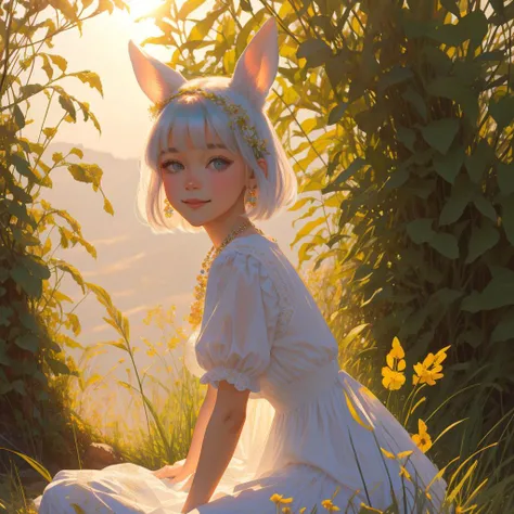 ((masterpiece,best quality)),,( (HD picture)),1girl, solo,((beatiful clear detailed face)),((beatiful detailed eyes)),(beautiful detailed eyelash),animal ears, rabbit, barefoot, knees up, dress, sitting, rabbit ears, short sleeves, looking at viewer, grass...