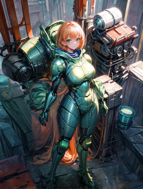 (masterpiece, best quality), (1girl, solo), chubby face, short hair, orange hair, green eyes, dead eyes, <lora:add_detail:1.5>, standing, big bulky futuristic armor<lora:Parrley1:0.8>, a woman in a suit of armor, Parrley_armor