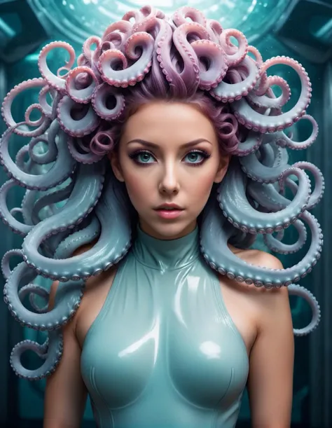 cinematic photo <lora:TentacleFFashion.SFW.FFusion:1> a woman with octopus tentacles in her hair, beautiful octopus woman, portrait of an octopus goddess, cyberpunk medusa, beautiful futuristic hair style, long flowing medusa hair, portrait of teenage medu...