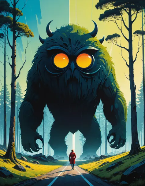 by Eyvind Earle and Simon Stålenhag,  (majestic , pleasant , masterful:1.4), poster art, bold lines, hyper detailed, expressive,  award winning,  (monster:1.4), (intricate details, masterpiece, best quality:1.4),
bokeh , looking at viewer, dynamic pose, wi...