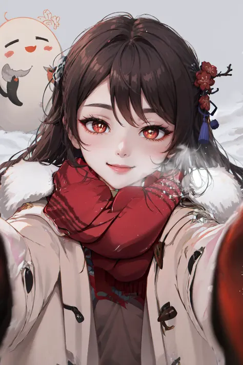 a woman with a red scarf and a white coat holding a snowball