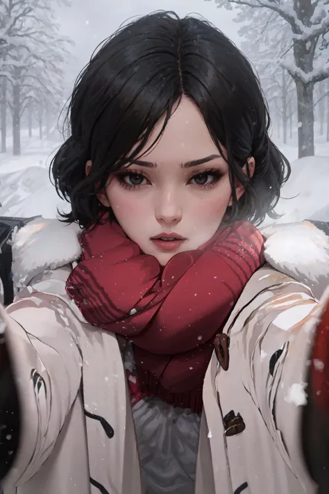 a woman in a red scarf holding a gun in the snow