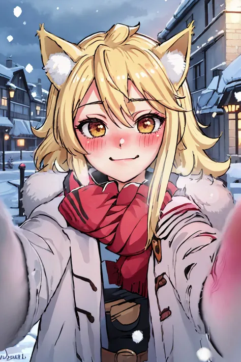 (masterpiece, best quality:1.2), solo, 1girl, leone, blonde hair, animal ears, cat ears, IncrsChkWarmingMeme, pov, red scarf, winter clothes, smile, closed mouth, blush <lora:agk_leone:0.8> <lora:PovCheekWarmingMeme:1>