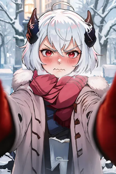 (masterpiece, best quality:1.2), solo, 1girl, htmalina, horns, IncrsChkWarmingMeme, pov, red scarf, winter clothes, unamused, wavy mouth, blush <lora:helltaker_malina:0.8> <lora:PovCheekWarmingMeme:1>