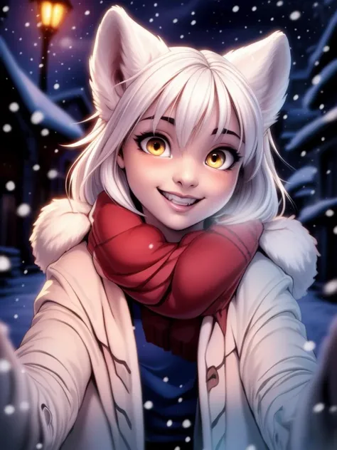 cute human girl with long white hair, close up, cinematic light, detailed hair, HD, 8k, professional photo, posing,  <lora:PovCheekWarmingMeme:1>, NCRSCHKWARMINGMEME, POV, RED SCARF, WINTER CLOTHES, SMILE, BLUSH, white blouse,  yellow eyes, (fangs:0.7), re...