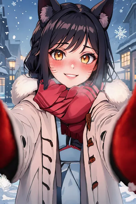 (masterpiece, best quality:1.2), solo, 1girl, IncrsAhri, braid, IncrsChkWarmingMeme, pov, red scarf, winter clothes, smile, blush <lora:Ahri:0.9> <lora:PovCheekWarmingMeme:1>