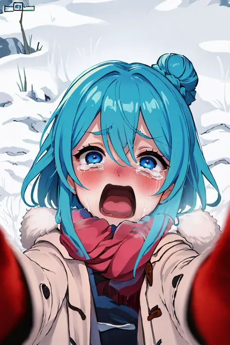 (masterpiece, best quality:1.2), solo, 1girl, aquascreaming, screaming, open mouth, crying with eyes open, IncrsChkWarmingMeme, pov, red scarf, winter clothes, smile, blush  <lora:PovCheekWarmingMeme:1> <lora:concept_aquascreaming:0.8>