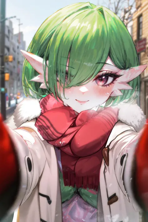 masterpiece,best quality,IncrsChkWarmingMeme,reaching towards viewer,1girl,mature female,gardevoir,red eyes,short hair,bangs,green hair,hair over one eye,large breasts,red scarf,seductive smile,breath,blush,outdoors,town,<lora:Concept-control tool-add_deta...