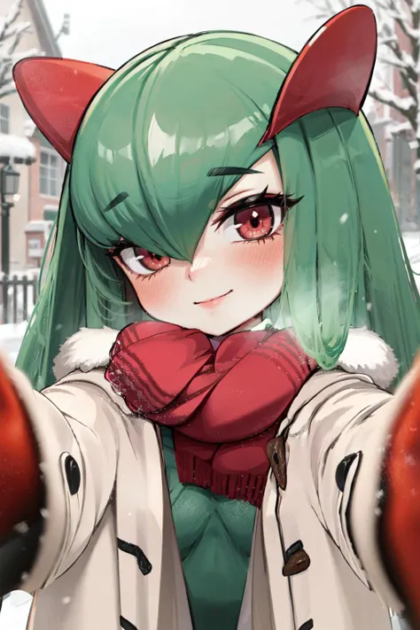 masterpiece,best quality,IncrsChkWarmingMeme,reaching towards viewer,1girl,kirlia,green hair,red eyes,red scarf,seductive smile,breath,blush,snow,outdoors,town,<lora:Concept-control tool-add_detail-CyberAIchemist:0.8>,<lora:PovCheekWarmingMemeV3:1>,<lora:k...