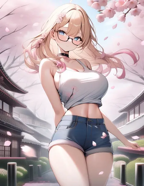 1girl,DonMS4kur4XL, sakura blossoms, falling sakura petals, long blonde hair, pink streaked hair, blue eyes, choker, eyeglasses, large breasts, tank top, denim shorts, looking at viewer, outdoors, very aesthetic,best quality, <lora:DonMS4kur4XL:1>